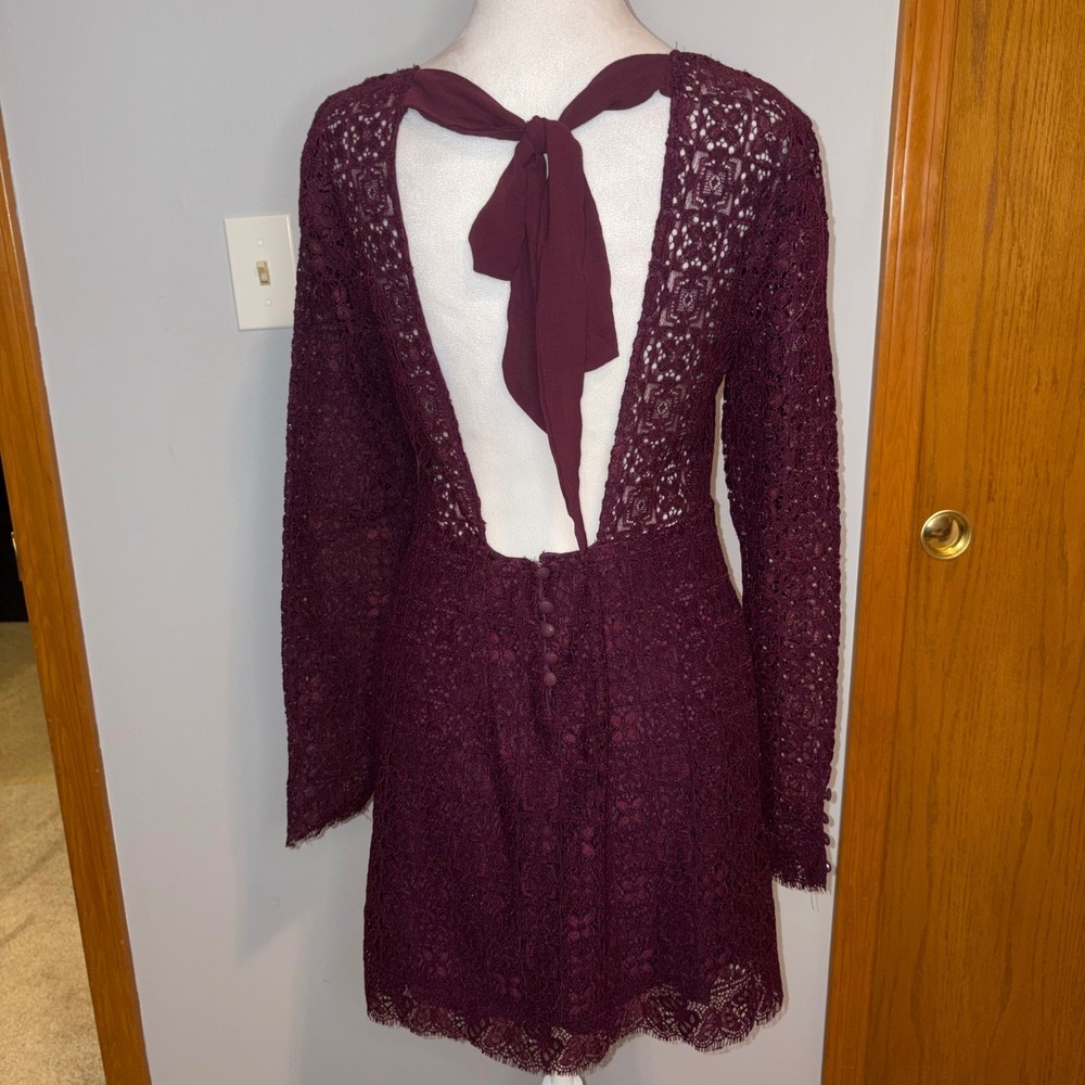 Free People Honey Honey mini dress Burgundy Lace V-Neck Open Back Long Sleeve - Picture 7 of 13